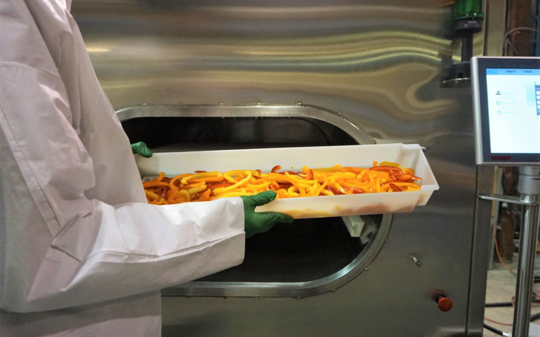 Freshly sliced vegetables in a tray before microwave processing in a NuWave Research vacuum microwave drying system.