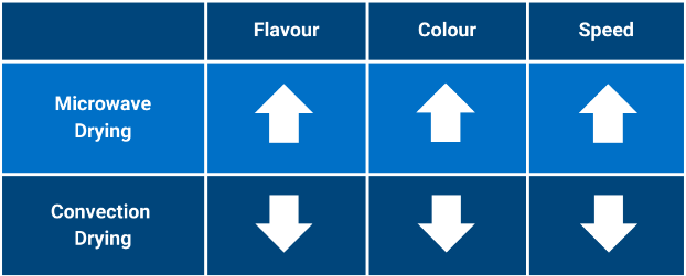 Summary comparing flavor, color, and speed of products between convection and microwave drying.